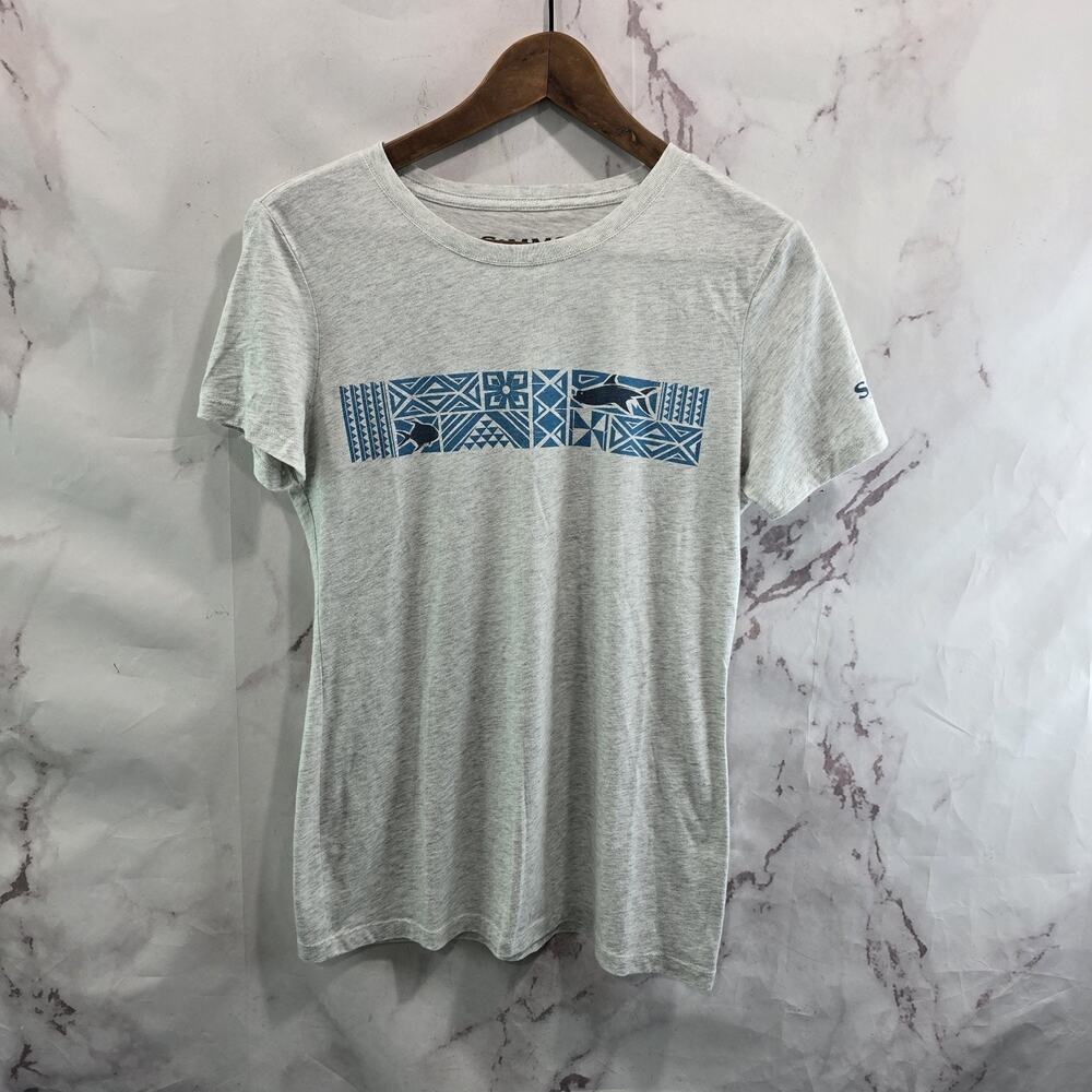 Simms T Shirt Womens Large Gray Blue Fish Short Sleeve Crew Neck